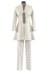 Fabulous 1960s Silver & White Brocade Tunic & Pant Set w Beaded Front Cut Out