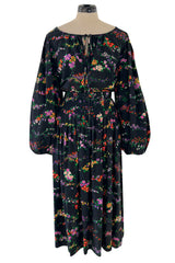 Gorgeous 1970s Yves Saint Laurent Floral Print Silk Skirt & Balloon Sleeve Top Set
