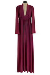1970 Ossie Clark 'Graduation' Front Plunge Dress in a Burgundy Moss Crepe