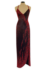 Cosmo Cover Documented Fall 1983 Bob Mackie Couture Red Glass Beaded & Silk Chiffon Halter Back Dress