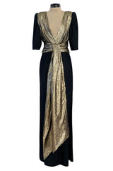 Spring 1986 Yves Saint Laurent Black Crepe & Jersey Dress w Gold Lame Front & Long Sash Belt