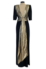 Spring 1986 Yves Saint Laurent Black Crepe & Jersey Dress w Gold Lame Front & Long Sash Belt