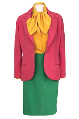 Colorful 1980s Bill Blass Three-Piece Suit in Salmon Pink, Green & Yellow