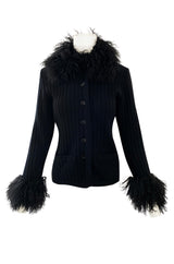 c. 1973 Yves Saint Laurent Black Ribbed Knit Sweater w Mongolian Fur Trimmed Collar & Cuffs