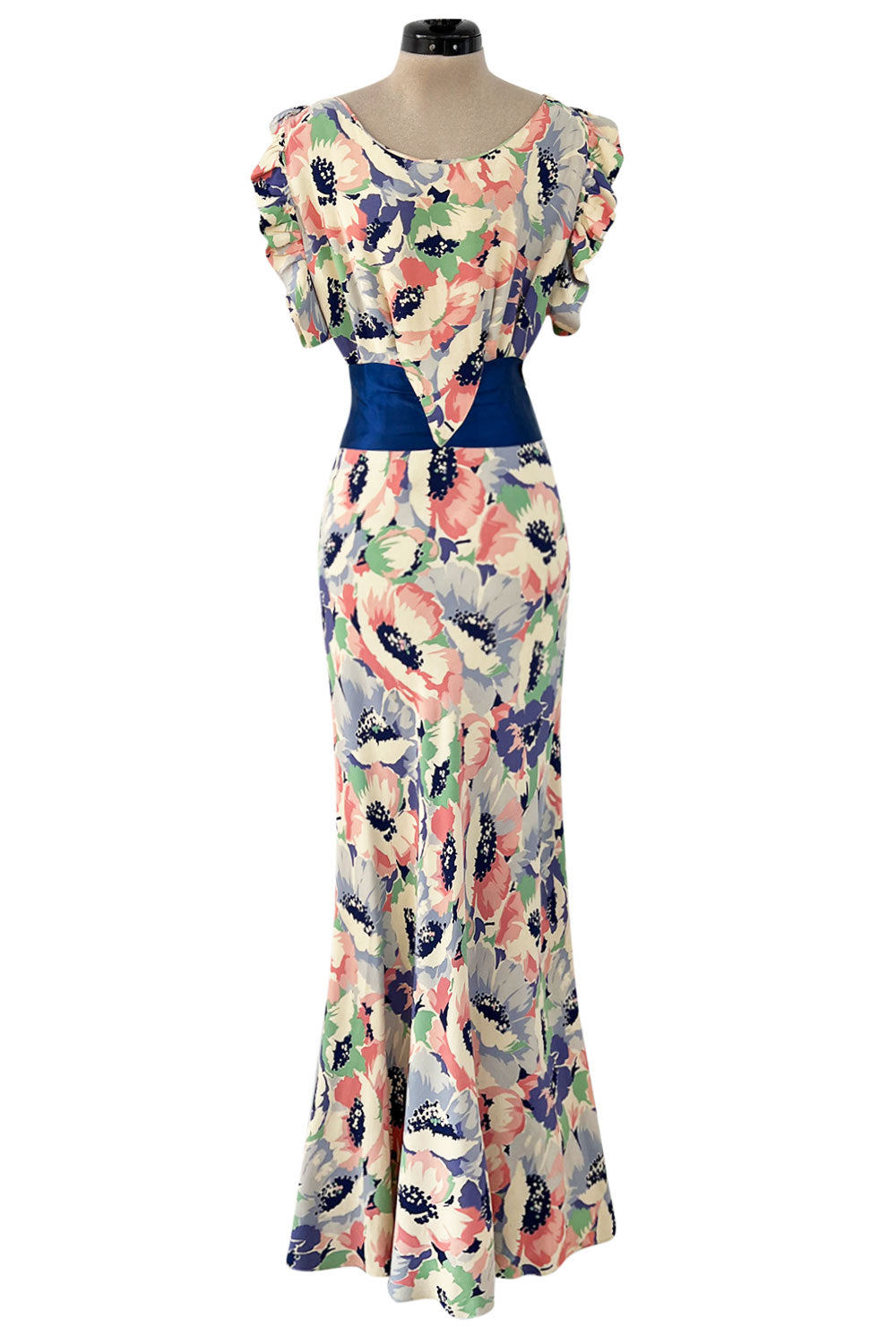 Romantic 1930s Floral Print Bias Cut Silk Dress w Ruffle & Blue Ribbon –  Shrimpton Couture