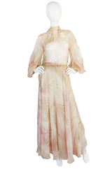 S/S 1974 Christian Dior by Marc Bohan Haute Couture Palm Print Silk Plunge Dress