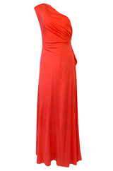 Documented 1973 Mollie Parnis One Shoulder Dipped Back Coral Jersey Dress