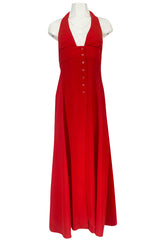 Iconc 1970s Ossie Clark Red Moss Crepe Button Front Halter Dress