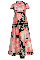Late 1960s Malcolm Starr Prettiest Huge Pastel Floral Print Silk Dress