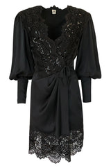 c.1988 Emanuel Ungaro Black Sequin Lace & Silk Satin Dress