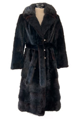 Gorgeous 1970s Christian Dior by Frederic Castet Rich Brown-Black Fur Coat w Tie Belt
