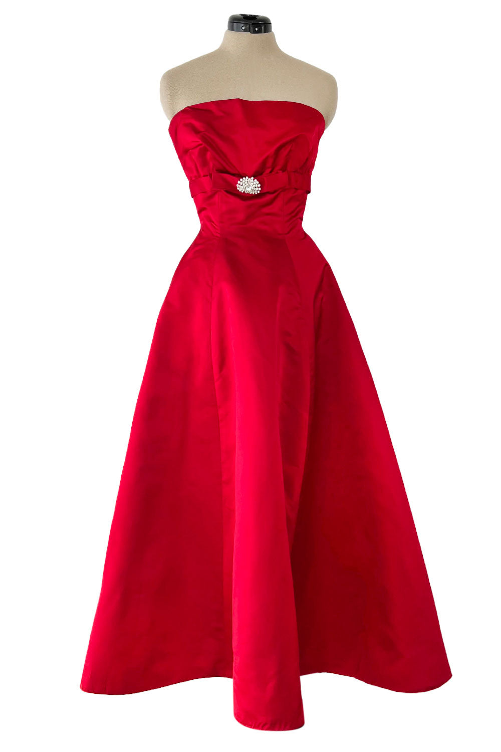 Late 1940s, Early 1950s Strapless Red Silk Satin Full Skirt Dress w Rh Shrimpton Couture Late 1940s, Early 1950s Strapless Red Silk Satin Full Skirt Dress w Rh Shrimpton Couture