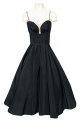 1950s Unlabeled Black Full Circle Skirted Silk Dress w Daisy Applique Bust