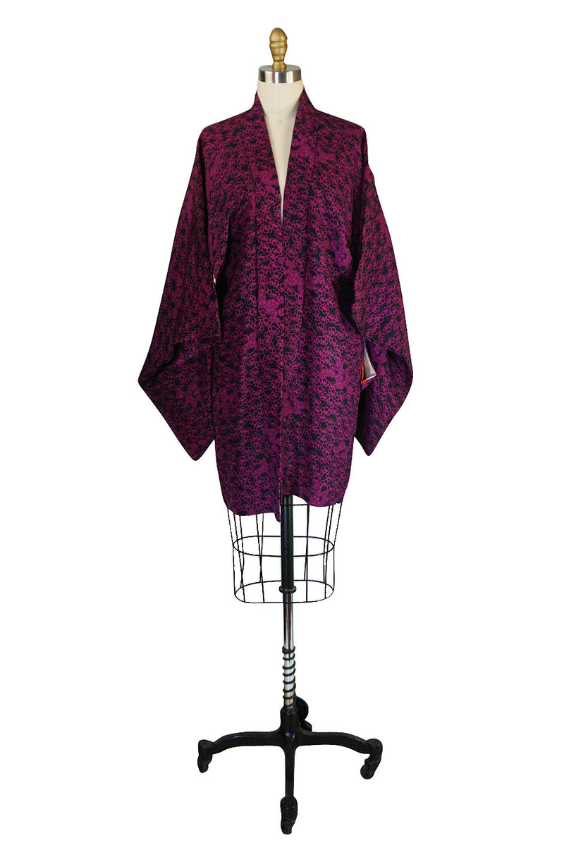 1950s Deep Pink on Black Silk Print Kimono