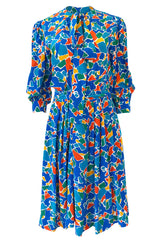 Spring 1983 Yves Saint Laurent Silk Multi Color Print on Blue Dress