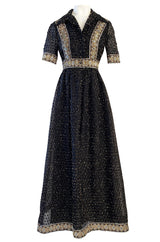 Late 1960s Oscar De La Renta Gold Metallic Eyelash Silk Organza Dress w Silver Metallic Detailing