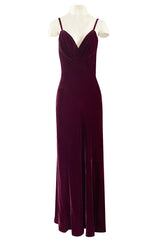 Stunning 1930s Deep Jewel Toned Merlot Bias Cut Silk Velvet Halter Dress w Low Back