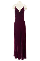Stunning 1930s Deep Jewel Toned Merlot Bias Cut Silk Velvet Halter Dress w Low Back