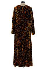 Amazing 1975 Thea Porter Printed Burnt Gold & Black Silk Velvet Caftan Dress