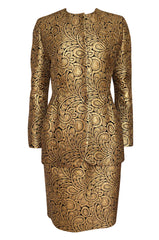 Fall 1991 Bill Blass Well Documented Gold Silk Brocade Jacket & Skirt Suit