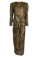 Fall 1989 Bill Blass Gold Silk Lame Leopard Evening Jacket & Skirt Suit