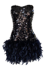 1970s Strapless Black Sequin Micro Mini Dress w Feather Hem