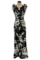 Prettiest 1930s Black & White Floral Print Bias Cut Silk Elaborate Ruffle Shoulder Dress