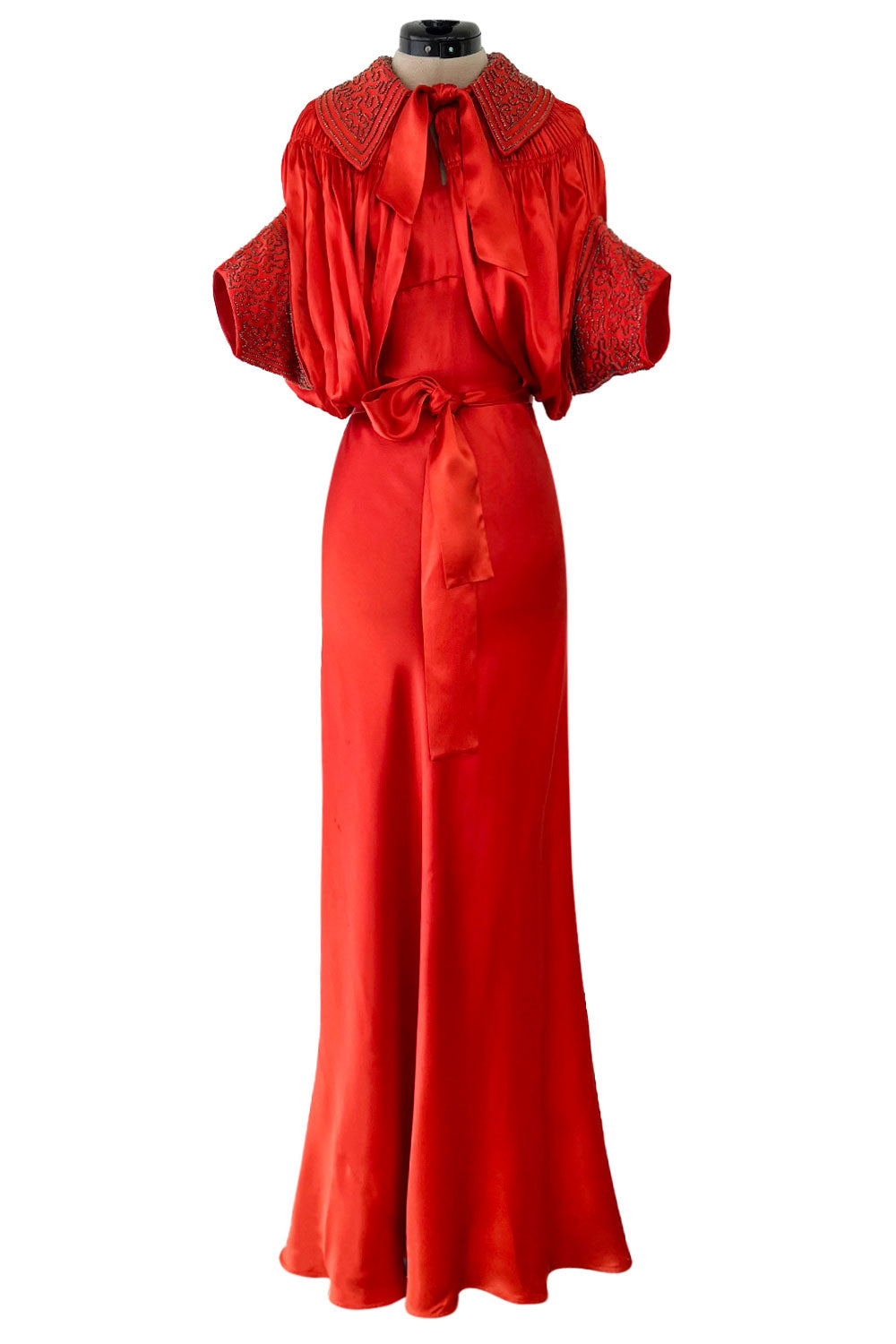 Gorgeous 1930s Coral Red Bias Cut Dress w Back Cut Outs & Matching Bea Shrimpton Couture Gorgeous 1930s Coral Red Bias Cut Dress w Back Cut Outs & Matching Bea Shrimpton Couture