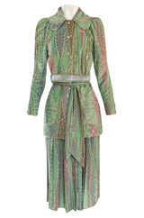 Rare 1973 Bill Gibb Museum Documented Metallic Green Lurex Skirt Top and Jacket Set