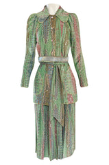 Rare 1973 Bill Gibb Museum Documented Metallic Green Lurex Skirt Top and Jacket Set