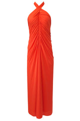 1970s Frank Usher Gathered Halter Backless Coral Jersey Dress