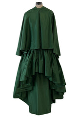 Rare 1977 Madame Gres Haute Couture Dress & Cape in a Deep Green Silk Taffeta