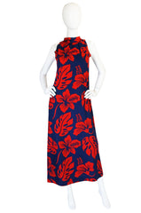 1960s Red & Blue Cotton Hawaiian Maxi Dress
