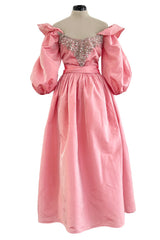 Prettiest 1970s Richiline Iridescent Pink Silk Dress w Pouf Sleeves & Rhinestone Details