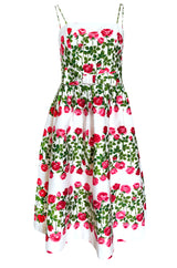 1960s Unlabeled Pink & Green Floral Print on White Cotton Dress