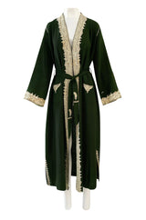 Wonderful 1920s Antique Hand Embroidered Crewel Deep Forest Green Wrap Robe or Coat