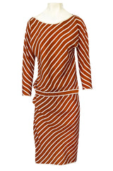 1980s Oscar de la Renta Rust and White Striped Silk Top & Skirt Set