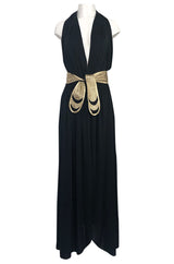Documented 1980 Bill Tice Plunge Front Black & Gold Backless Halter Dress