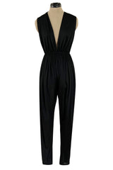 Iconic 1970s Halston Jersey Side & Front Plunging Black Jersey Jumpsuit