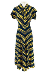 Gorgeous 1940s Yellow Dot & Deep Navy Black Chevron Print Silk Swing Dress