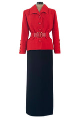 1980s Ady Couture Lausanne Red Belted Box Jacket & Long Black Skirt Suit Set