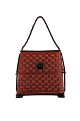 1990s Fendi Thatched Claret Silk Hard Sided Clutch Bag w Slide Top Opening