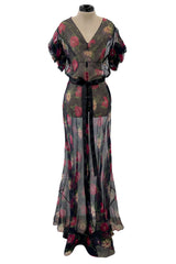 Prettiest 1930s Bias Cut Transparent Floral Print Silk Crepe Chiffon Dress w Capped Sleeves
