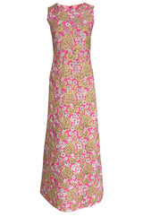 1960s Kiki Hart Silver, Gold & Pink Silk Brocade Dress w Rhinestone Detailing