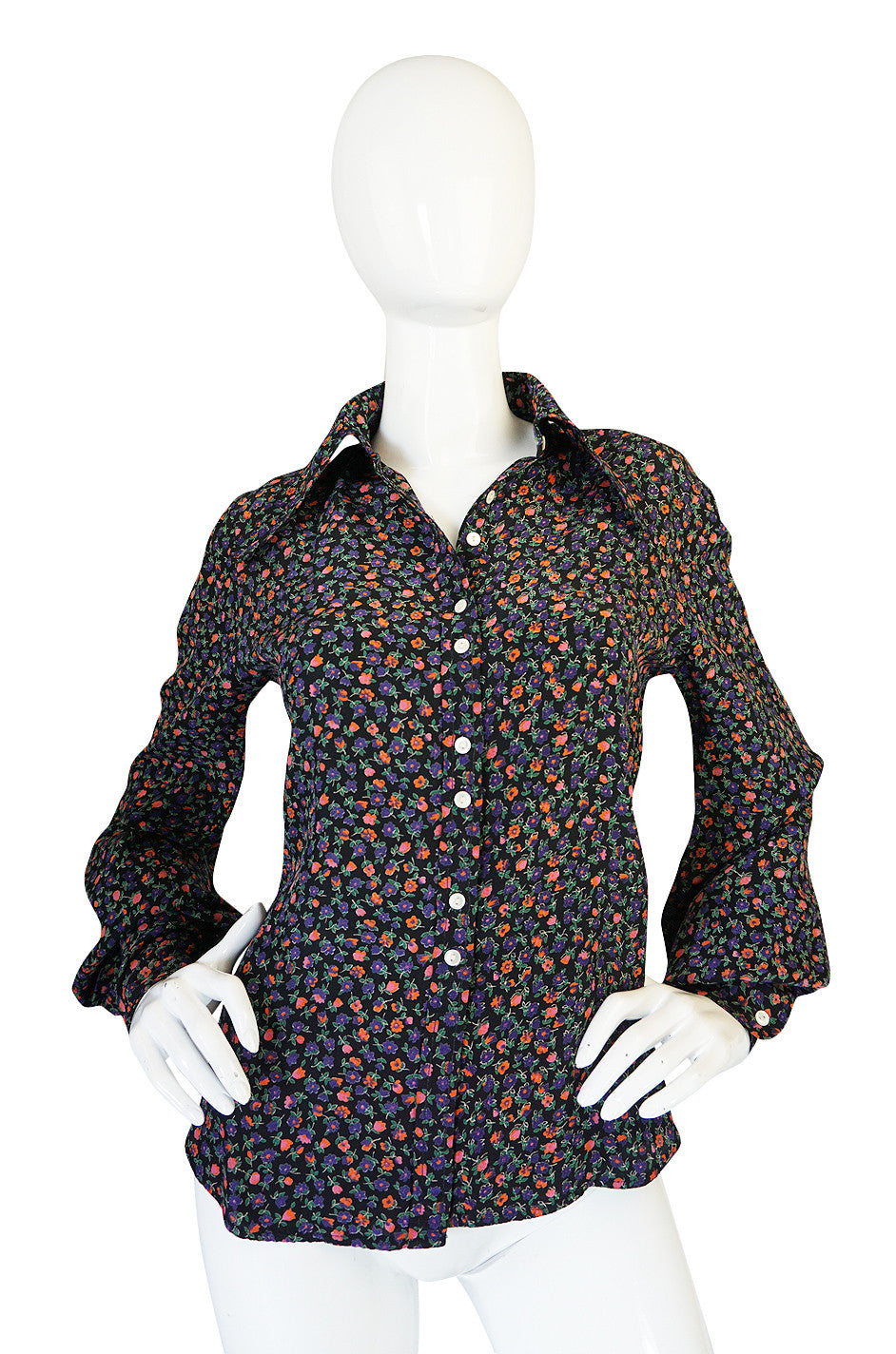 1960s Rare Blue Floral Print Silk Jeff Banks Button Shirt
