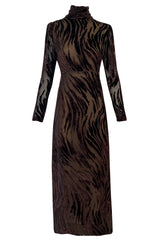 1970s Pauline Trigere Fused Velvet & Chocolate Silk Chiffon Dress w Attached Tie at Neck