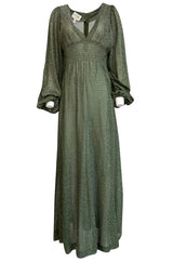 1970s Ossie Clark Metallic Green & Silver Lurex Knit Lame Plunge Dress