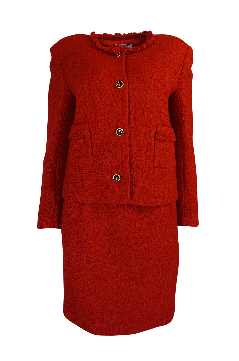 c1978-1985 Chanel Red Boucle Cropped Jacket & Skirt Suit 