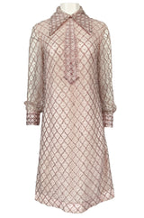 1960s Valentina Inc Pink Beaded Shift Dress w Front Collar Detailing