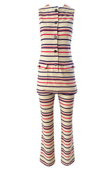 1970s Givenchy Taupe Red and Blue Striped Knit Jersey Pant & Top Set